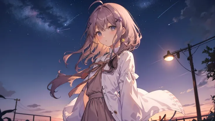 From afar、Slim and long, 1 girl、Very delicate and beautiful girl, Young girl, Light purple and brown short hair, Ahoge、Long Curly Hair, ribbon、Gradient Hair、inner hair color, Beautiful details, Medium Chest, Pastel colored clothes,Beautiful night sky、whole...