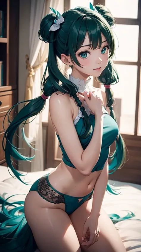 Super detailed, NSFW, masterpiece, High resolution, Photorealistic digital art, perfect lighting, (((1 girl, perfect anatomy))), accurate right hand, accurate left hand, five fingers, perfect style, hatsune miku, 3d face, big light blue-green eyes, glossy ...