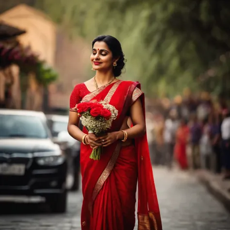 Woman in saree、Red clothes、Black Hair、Gentle expression、walk、Holding flowers、dance、beautiful、fun、high quality、Gorgeous、Brilliant、petals fall