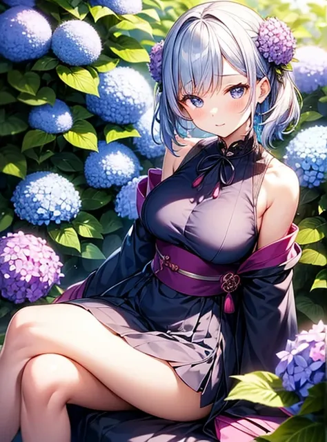 Cute Girls、Japanese、Surrounded by hydrangeas、Sitting with legs crossed、Fashionable hair ornaments、Attractive breasts、Shortcuts、dress