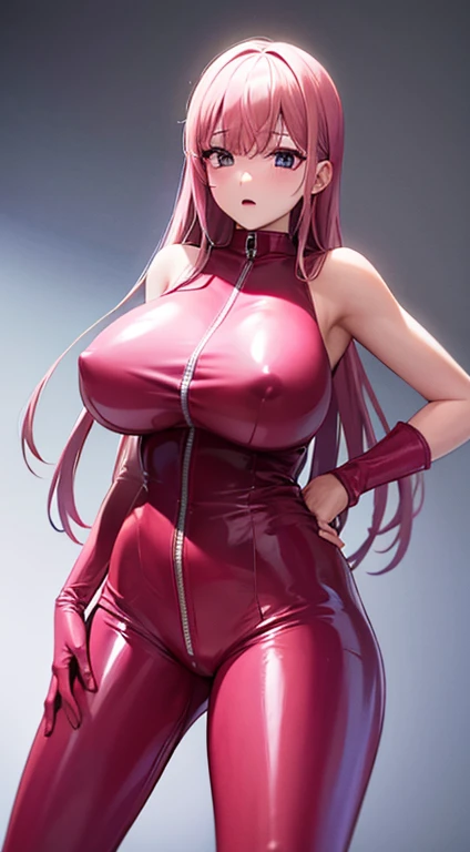 (8k, highest quality, masterpiece:1.2), (Super Detail), (One Girl) , (Pink long hair)、 (Pink shiny catsuit:1.5) (High heel boots:1.3), very, very big breasts、Nipples、Very large breasts、Bust Shot