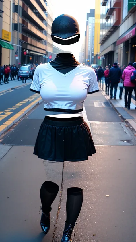 A girl,  with mini skirt , combat boots, ((invisible, no humans:1.5, headless:1.5, handless, legless)), (big breast), crop top, (extremely detailed), (photo realistic), (photon mapping),walking on the street 