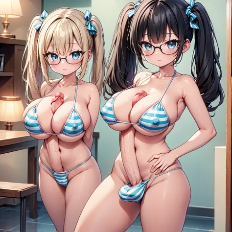 highest quality,wonderful,finely,extremely detailed CG unity 8k wallpaper,1 Girl,priest(dq3), (Huge breasts, Erect nipples:1.2),(Light blue striped micro bikini:1.4),Open your mouth, Drooling, Black Hair, Glasses, Blue Eyes,Twin tails, highest quality,Supe...