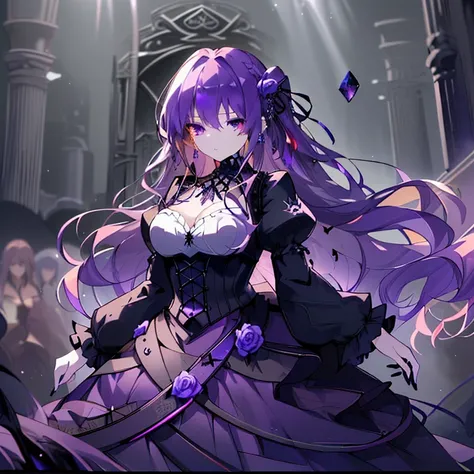 (High resolution，highest quality，masterpiece，wonderful，Super detailed)Purple Hair，Long Hair，Hair blowing in the wind，curly hair，Cinema Lighting，thought，gothic  dress，rose，Standing on the side，Black Nails，Earrings，gorgeous，gem，beautiful，