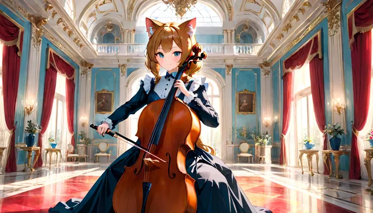 Cat ear,woman,3. Classical: An elegant character playing a cello in a magnificent palace setting
