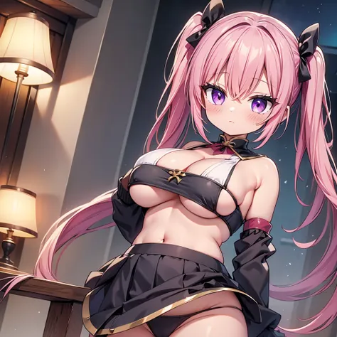 highest quality,wonderful,finely,extremely detailed CG unity 8k wallpaper,1 Girl,priest(dq3), big breasts,(devil,demon tail),(Black Band Top:1.3), Bare shoulders, clavicle, (Underboob:1.5), Cleavage, Huge breasts,Pink Hair, Purple Eyes,Twin tails, highest ...