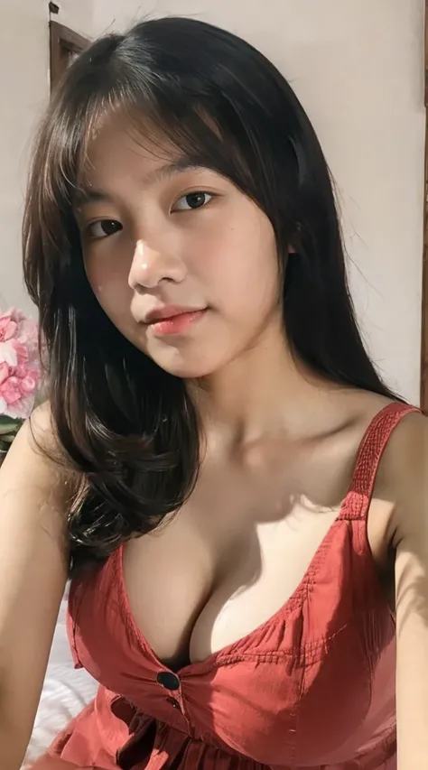 realistic, ultra detailed, selfie photo display, taken selfie, a 16 year old teenage girl, wearing an Indonesian high , beautiful face, sweet face, hands 1:3, sexy expression, showing cleavage, in the room, on the bed ,