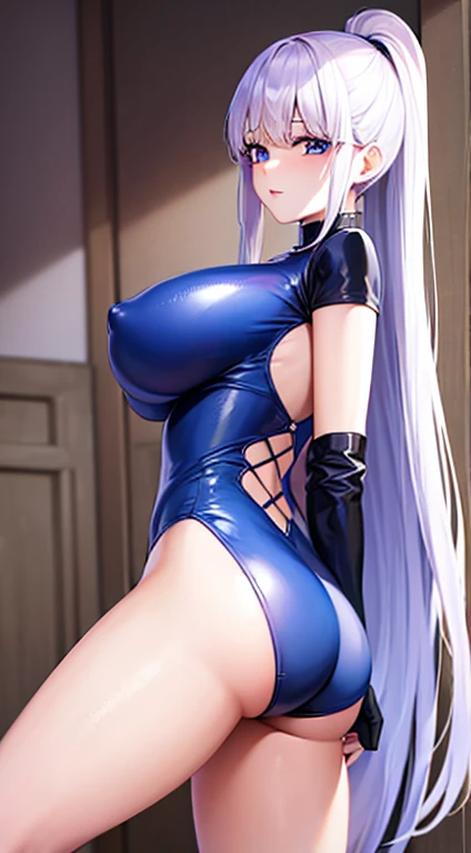 8k, highest quality, masterpiece:1.2, Super Detail, long white hair、 Blue shiny catsuit:1.5、very, very big breasts、Nipples、Very large breasts、R18 prohibited、risque clothes