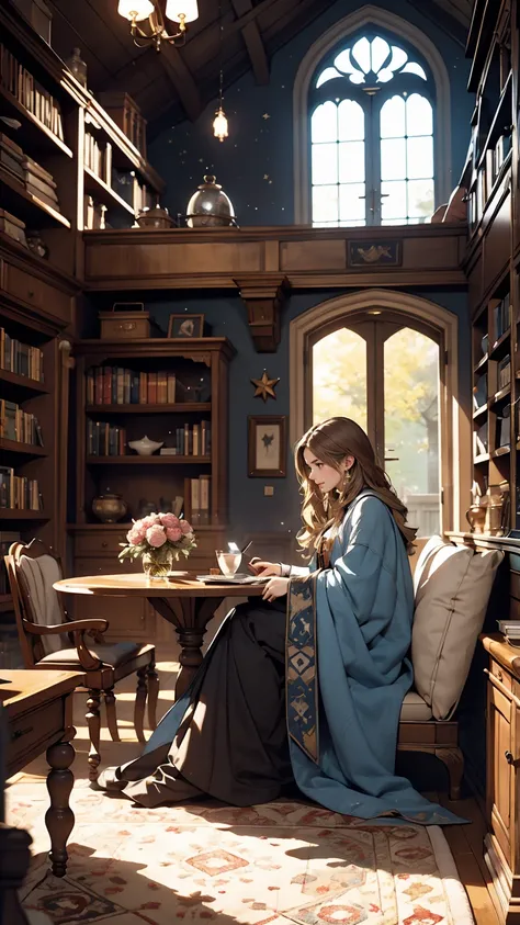 castle tower, Harry potter, Hermione、Ravenclaw, Lounge, Arched Windows, Blue silk hanging on the wall, Domed ceiling with stars, A deep blue carpet with stars, table, Chair, Bookshelf on the floor  