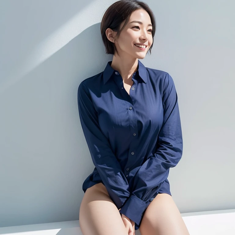 A beautiful Japanese woman in her thirties with short hair sat leaning against the wall in a pure white room, holding the front of her long-sleeved navy blue cotton shirt with her hand, looking away and smiling bitterly. Focal length 100mmf/2.8, pure white...