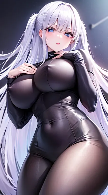 8k, highest quality, masterpiece:1.2, Super Detail, long white hair、 Blue shiny catsuit:1.5、very, very big breasts、Nipples、Very large breasts、R18 prohibited、risque clothes