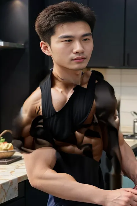 (( Man flexing shirtless big pectoral arm muscles ))(( eye contact ))Alaphid Asian man preparing food using cutting board in kitchen, , Japanese men,, Asian Men, , Official product images, ,, Medium shot of a handsome guy, Height 180 cm