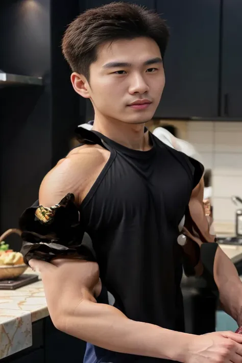 (( Man flexing shirtless big pectoral arm muscles ))(( eye contact ))Alaphid Asian man preparing food using cutting board in kitchen, , Japanese men,, Asian Men, , Official product images, ,, Medium shot of a handsome guy, Height 180 cm