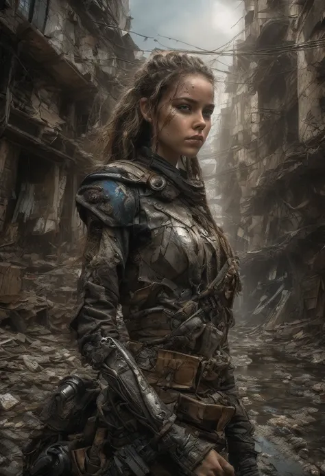 1girl, Post-Apocalyptic Wasteland, The Adventures Guild Magical, Intricate, puddles, Digital, Scenic, Hyperdetailed, meticulous, Luis Royo, Rutkowski, Greg Olsen, Bagshaw, Sandra Chevrier, Roberto Ferri, Michael Kaluta, Victor Adame Minguez, Ruan Jia, Cine...