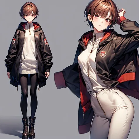 masterpiece、Subtle details、Slender beauty、Put on the hood、slim、Small breasts、Sharp eyes、younger sister、Pixie Cut、Short nape、Oversized zip-up jacket（hoodie）、Tight skinny pants、Platform boots、Reddish brown hair、