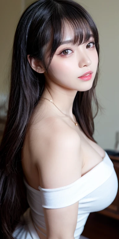 Canon RF 85mmf/1.2,masutepiece,Best Quality,超A high resolution,tu,1 girl,(Korean mixed,Kpop Idol:1.2),Solo,white_shiny_skin,Black eyes,Necklace,brown_long_Wavy_hair,Red lipstick bright_shiny_Lips,Eyelashes,Bangs,deal,make - up,shiny,Pore,skin texture,Brace...