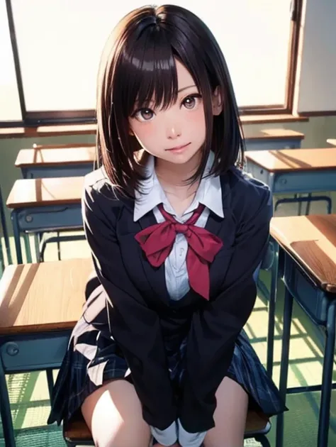 There is a woman sitting on a chair in the classroom., In the classroom, sitting in classroom, 超Realisticな女子高生, japanese , Japanese High School, Japanese girls uniform, 超Realisticな女子高生, Strike a Pose, Acquiring Japanese , Cute school girl, The entire subje...