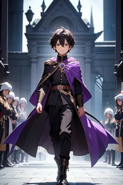 (boy1),(anime),(young teenager aged 16),(dark brown skin color),(brown eyes),(short black hair),(height 1.80cm),(wearing),+,(a 16th century emperors outfit, consisting of a shiny black cape with purple tones, and black boots with purple tones, and a black ...