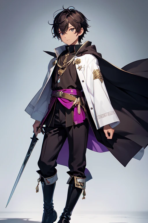 (boy1),(anime),(young teenager aged 16),(dark brown skin color),(brown eyes),(short black hair),(height 1.80cm),(wearing),+,(a 16th century emperors outfit, consisting of a shiny black cape with purple tones, and black boots with purple tones, and a black ...