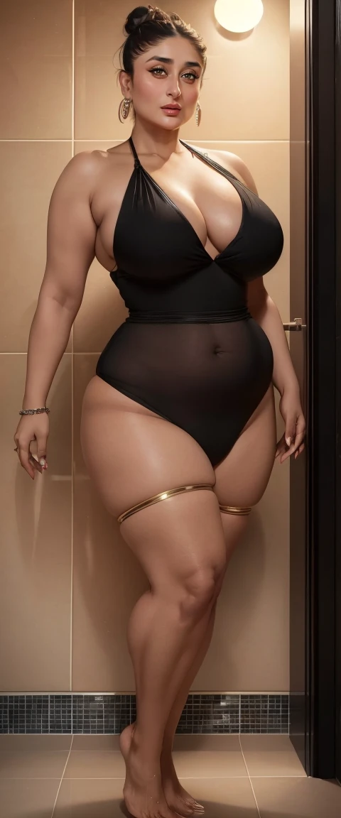 (front view focus), A gorgeous very busty beautiful chubby mature Indian Kareena Kapoor, 45 years old mature Indian Kareena Kapoor, (((nude))) and (((nude body)))), (((open legs, gap between legs standing))), perfect face, ((looking at viewer)), (((black h...