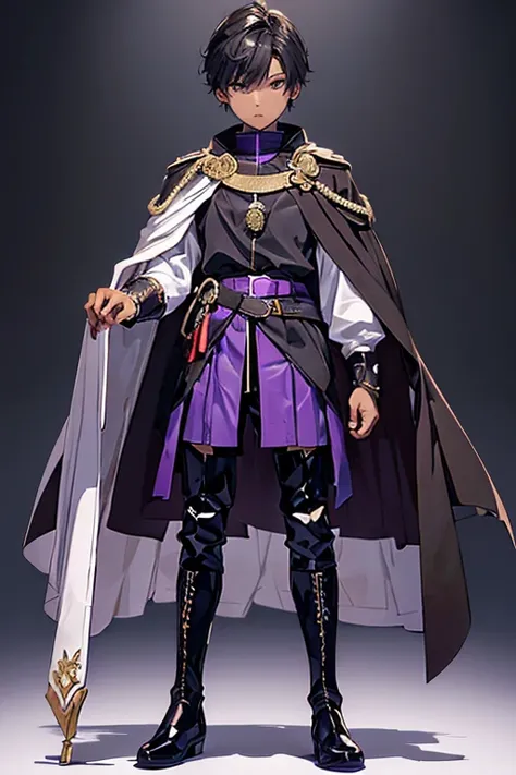 (boy1),(anime),(young teenager aged 16),(dark brown skin color),(brown eyes),(short black hair),(height 1.80cm),(wearing),+,(a 16th century emperors outfit, consisting of a shiny black cape with purple tones, and black boots with purple tones, and a black ...