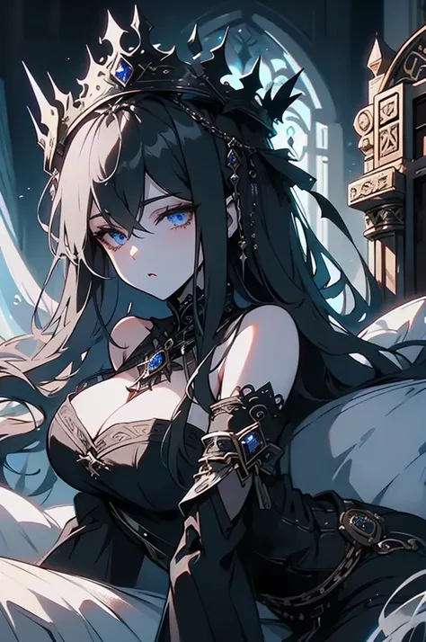 (((masterpiece))),best quality, illustration,(beautiful detailed girl),bare shoulders,flat_chst,diamond and glaring eyes,beautiful detailed cold face,very long blue and sliver hair,floaing black feathers,wavy hair,black and white sleeves,gold and sliver fr...