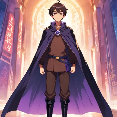 (boy1),(anime),(young teenager aged 16),(dark brown skin color),(brown eyes),(short black hair),(height 1.80cm),(wearing),+,(a 16th century emperors outfit, consisting of a shiny black cape with purple tones, and black boots with purple tones, and a black ...