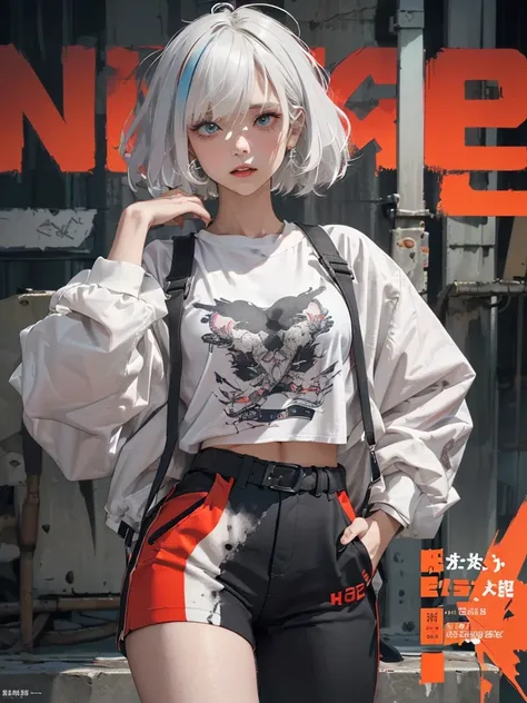 ((((dramatic))), (((gritty))), (((intense))) film poster featuring a young platinum white hair woman as the central character. She stands confidently in the center of the poster, wearing a stylish and edgy Harajuku-inspired hip hop outfit, with a determine...