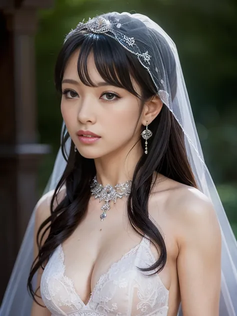 (masterpiece), Best Quality, Highest Quality, Highly detailed CG Unity 8k wallpaper, Original, High resolution, (depth of fields: 1.5), fidelity: 1.3, small breasts, Bride portrait style, 1 girl, drapes, veils , Bridal Veil, wedding dress, drapes, Jewelry,...