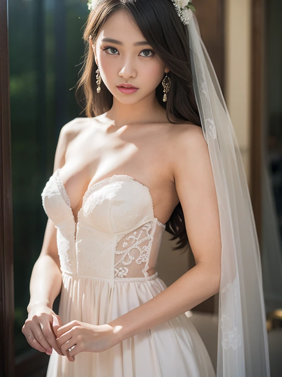 (masterpiece), Best Quality, Highest Quality, Highly detailed CG Unity 8k wallpaper, Original, High resolution, (depth of fields: 1.5), fidelity: 1.3, small breasts, Bride portrait style, 1 girl, drapes, veils , Bridal Veil, wedding dress, drapes, Jewelry,...