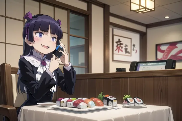 (ruri gokou), masterpiece, highest quality, one girl, alone, hime cut, gothic lolita, lolita fashion, head band,restaurant,open ...