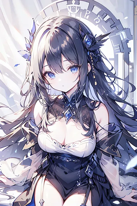 (((masterpiece))),best quality, illustration,(beautiful detailed girl),bare shoulders,flat_chst,diamond and glaring eyes,beautiful detailed cold face,very long blue and sliver hair,floaing black feathers,wavy hair,black and white sleeves,gold and sliver fr...