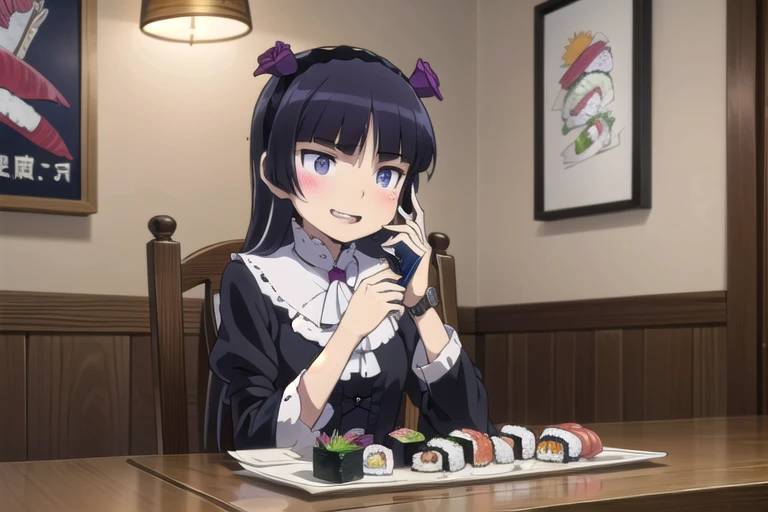 (ruri gokou), masterpiece, highest quality, one girl, alone, hime cut, gothic lolita, lolita fashion, head band,restaurant,open ...