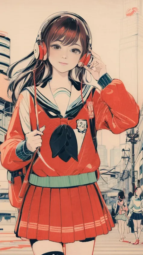 (ukiyo-e style:1.5)、(put on your headphones:1.0),cute girl walking on the street、high school girl、uniform、ukiyo-e art wallpaper、...