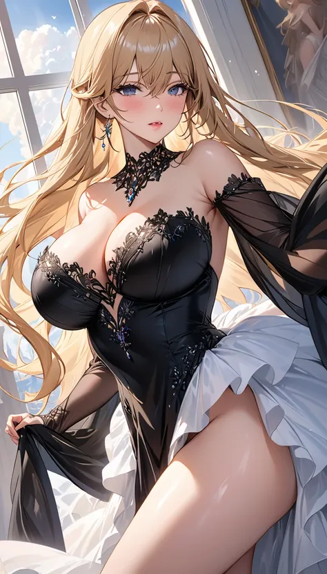 masterpiece:1.4,best-quality,Super Detail,Very Delicate and Beautiful, (( nsfw, low angle shot )), The worlds most slutty woman, black ball gown, off-shoulder, blonde long hair, very gigantic breasts, cleavage, very slender, perfect face