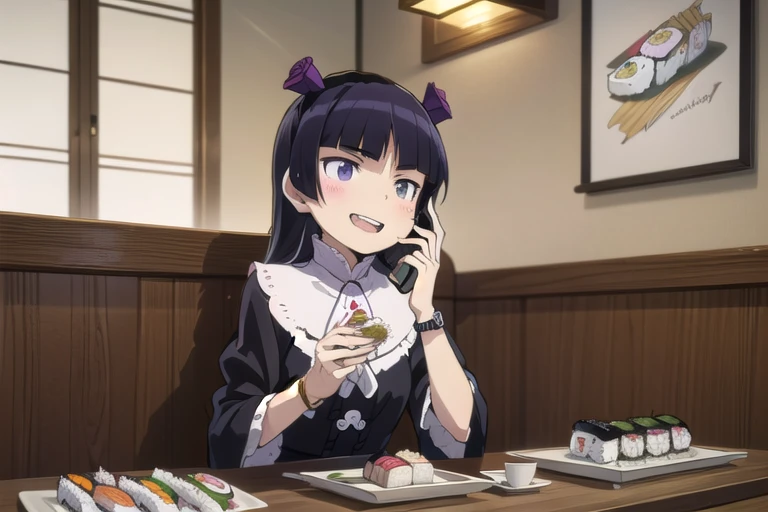 (ruri gokou), masterpiece, highest quality, one girl, alone, hime cut, gothic lolita, lolita fashion, head band,restaurant,open ...