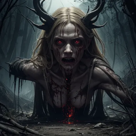 (best quality,4k,8k,highres,masterpiece:1.2), ultra-detailed, realistic:1.37, HDR, intense dark atmosphere, eerie lighting, grotesque textures, portraits, body horror, blood-soaked, adult woman, pale and flawless skin, long flowing blonde hair, piercing re...