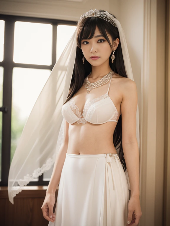 (masterpiece), Best Quality, Highest Quality, Highly detailed CG Unity 8k wallpaper, Original, High resolution, (depth of fields: 1.5), fidelity: 1.3, small breasts, Bride portrait style, 1 girl, drapes, veils , Bridal Veil, wedding dress, drapes, Jewelry,...