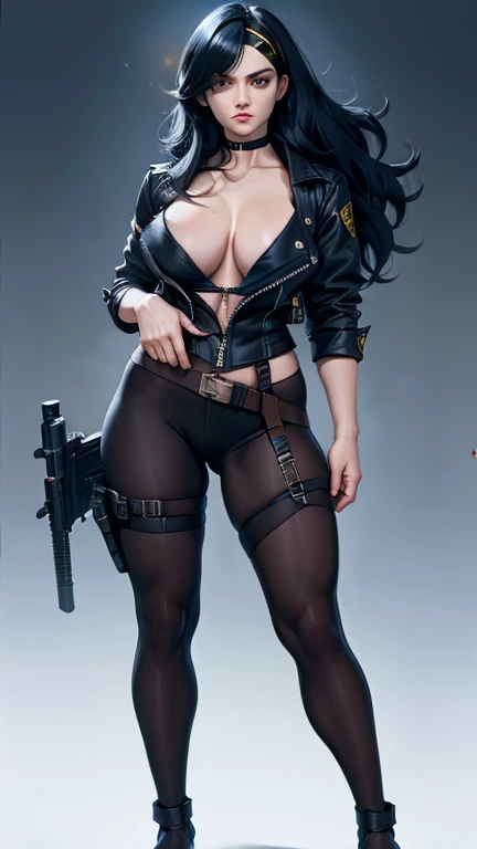 (((Cabelo longo))) black hair yellow eyes pale skin muscular girl huge breasts jacket, holster, gun holster, bondage gear, choker, headband, pantyhose, harness