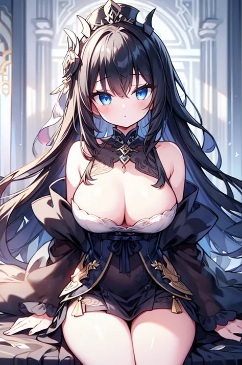 (((masterpiece))),best quality, illustration,(beautiful detailed girl),bare shoulders,flat_chst,diamond and glaring eyes,beautiful detailed cold face,very long blue and sliver hair,floaing black feathers,wavy hair,black and white sleeves,gold and sliver fr...