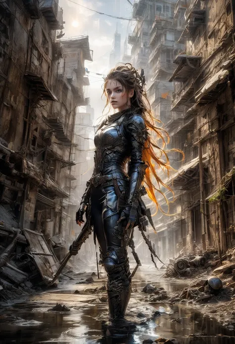 1girl, Post-Apocalyptic Wasteland, The Adventures Guild Magical, Intricate, puddles, Digital, Scenic, Hyperdetailed, meticulous, Luis Royo, Rutkowski, Greg Olsen, Bagshaw, Sandra Chevrier, Roberto Ferri, Michael Kaluta, Victor Adame Minguez, Ruan Jia, Cine...