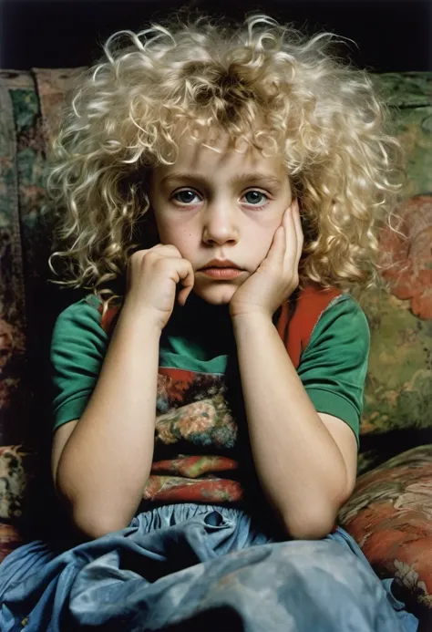 Art by ERA LEISNER, Jan Saudek and Jenny Saville ,Max Ernstrunepunk  Extrememly realistic wean aged 5 with blonde unruly curly hair LYING ON A COUCH WITH HER HANDS UNDER HER CHIN.