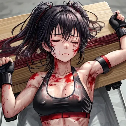 Covered in blood、A beautiful high school girl mixed martial artist covered in scars and a broken body。He was severely beaten and seriously injured.、Being carried on a stretcher。Feeling exhausted。Eyes closed and unconscious。Facial swelling。Bruised body。I&#3...