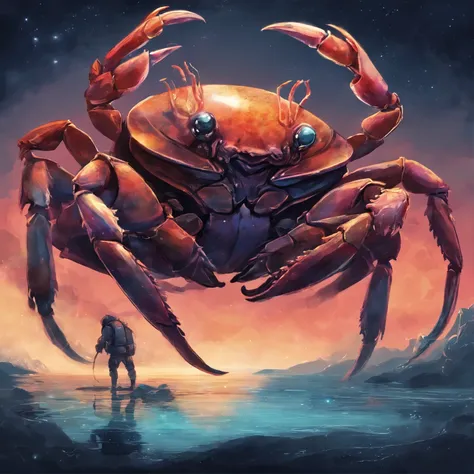 Crab Monster, Powerful, huge, Crustacean, Drifting in outer space, Theme colors are iridescent, Shaped like fiddler crab