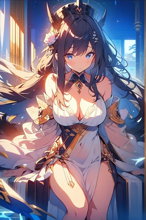 (((masterpiece))),best quality, illustration,(beautiful detailed girl),bare shoulders,flat_chst,diamond and glaring eyes,beautiful detailed cold face,very long blue and sliver hair,floaing black feathers,wavy hair,black and white sleeves,gold and sliver fr...