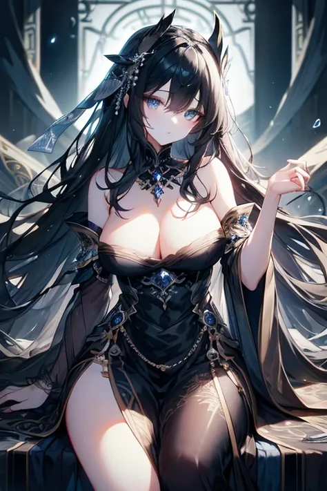 (((masterpiece))),best quality, illustration,(beautiful detailed girl),bare shoulders,flat_chst,diamond and glaring eyes,beautiful detailed cold face,very long blue and sliver hair,floaing black feathers,wavy hair,black and white sleeves,gold and sliver fr...