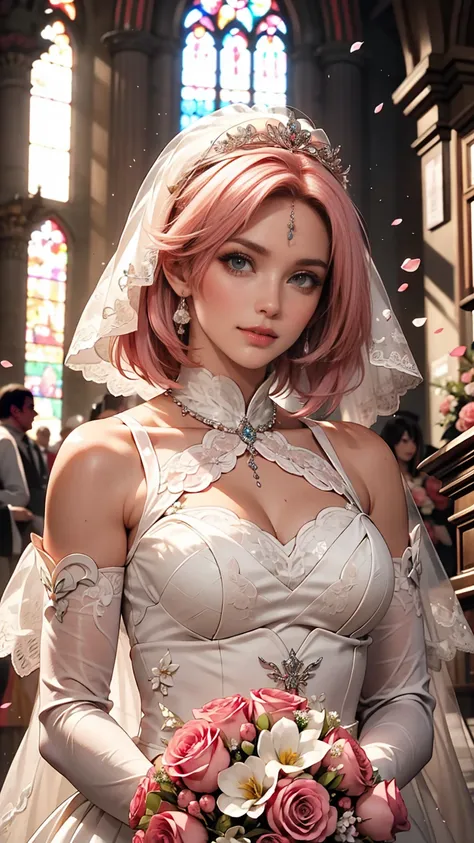 sakura haruno, ((alone)), alone, bride, wearing a white wedding dress, queen, happy, ((show your forehead)), are standing, enter...