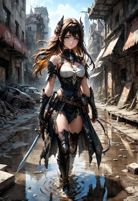 1girl, Post-Apocalyptic Wasteland, The Adventures Guild Magical, Intricate, puddles, Digital, Scenic, Hyperdetailed, meticulous, Luis Royo, Rutkowski, Greg Olsen, Bagshaw, Sandra Chevrier, Roberto Ferri, Michael Kaluta, Victor Adame Minguez, Ruan Jia, Cine...