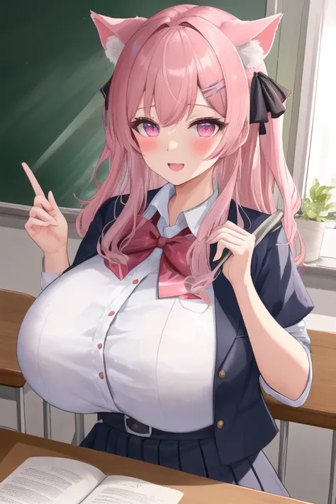 masterpiece, best quality, 1girl, (pink hair, long hair, detailed hair, cat ears, pink eyes, black hair ribbons:1.2), cute, (school uniform:1.1), classroom, sitting at desk, (huge breasts, bursting breasts, breasts on desk:1.1)