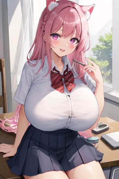 masterpiece, best quality, 1girl, (pink hair, long hair, detailed hair, cat ears, pink eyes, black hair ribbons:1.2), cute, (school uniform:1.1), classroom, sitting at desk, (huge breasts, bursting breasts, breasts on desk:1.2)